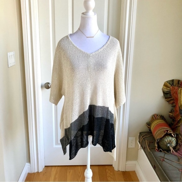 Alembika Sweater Colorblock Tunic V-Neck Short Sleeves Beige Gray Black (M) - Picture 1 of 7